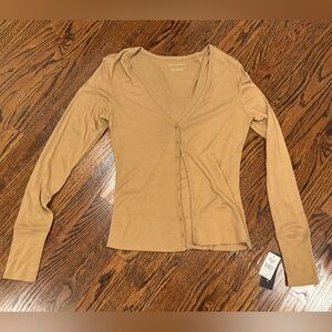 Women’s Sutton Studio tan long sleeve button down tee shirt size Large NEW